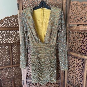 Ramy Brook Gold Long Sleeve Plunge Bodycon Dress